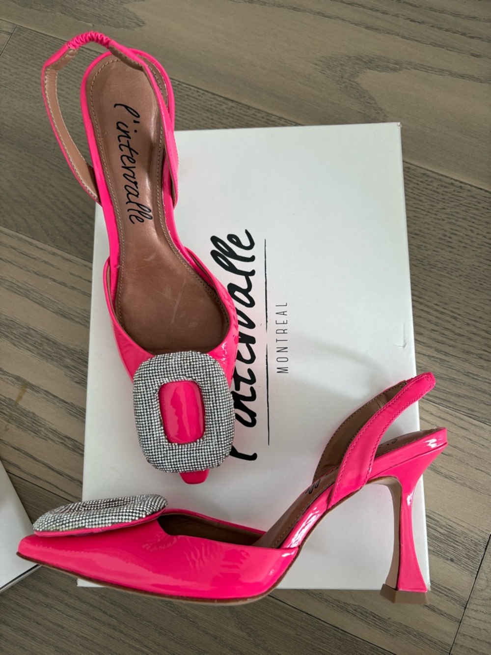 L'INTERVALLE Hot Pink Patent Slingback Heels with Crystal Buckle